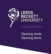 Logo of Leeds Beckett Uiniversity, white text on dark blue background with illustrated white rose