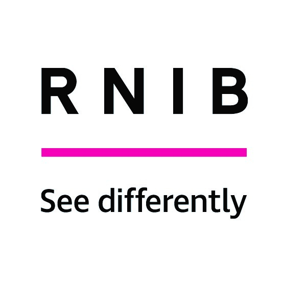 RNIB logo of black text 'RNIB  see differently' on a white background separated by a horizonal cyan line