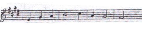 A scanned image of a stave, four measures, four sharps and notes