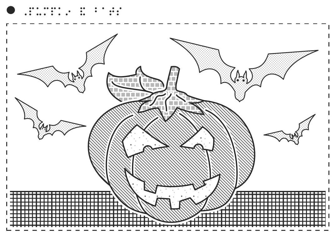 tactile image of a pumpkin with an agry face with bats flying around it.