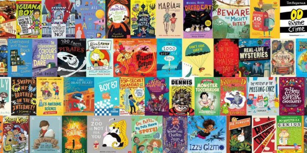 various childrens title book covers tiled over image