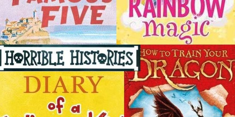 Logos of book series for The Famous Five, Rainbow Magic, Horrible Histories, Wimpy Kid, How to train your Dragon