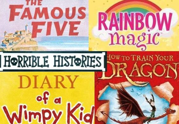 Logos of book series for The Famous Five, Rainbow Magic, Horrible Histories, Wimpy Kid, How to train your Dragon